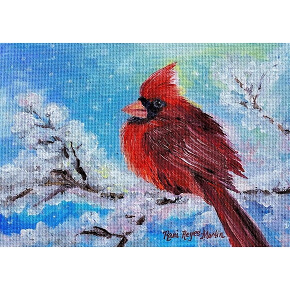 Other - Original Acrylic Painting Red Cardinal on a Snowy Perch 5" x 7" Canvas Board Art